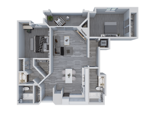 a 3d floor plan of a 2100 sq ft apartment